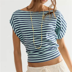 Striped Boat Neck Batwing Cap Sleeve Ruched Waist Top