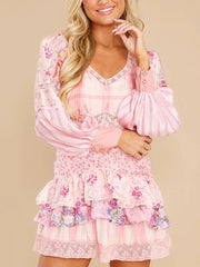 Pink Long Sleeve Floral Patchwork Tiered Mini Dress