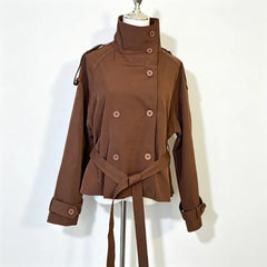 Stand Collar Double Breasted Long Sleeve Belted Short Trench Coat