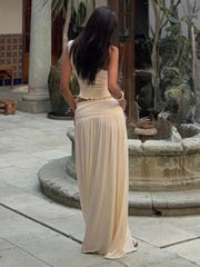 Incline Shoulder Tank Top And Buckle Ribbons Maxi Skirt Set