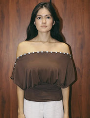 Brown Button Up Off-Shoulder Top