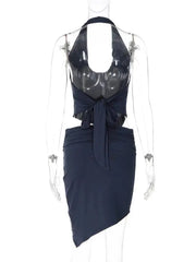 Navy Blue Halter Neck Drawstring Asymmetrical Top And Mini Skirt Set