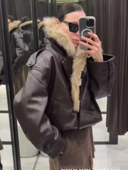 Brown Fur Collar Faux Leather Jacket