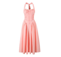 Drawstring Chest Pleated Low Waist A-lined Pink Midi Dress