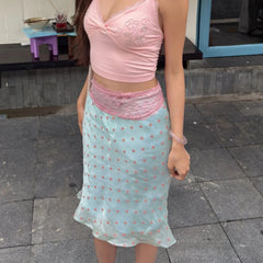 Satin Blue Polka Dot Lace Trim Midi Skirt