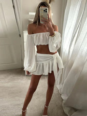 White Off-shoulder Bralette Top And Mini Skirt Set