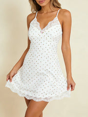 White Lace Trim Polka Dot Mini Slip Dress