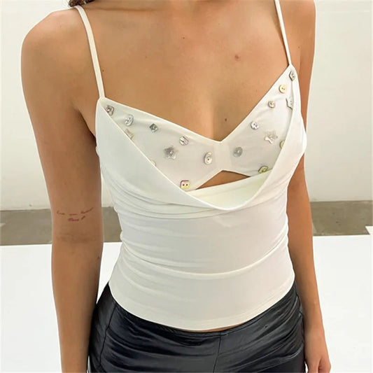Beaded Embellishment Spaghetti Strap Cowl Neck Cutout Top