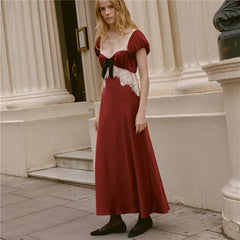 Red Satin Lace Trim Sweetheart Neckline Short Sleeve Maxi Dress