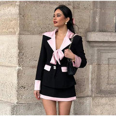 Black Blazer With Pink Satin Satin Contrast And Mini Skirt Set