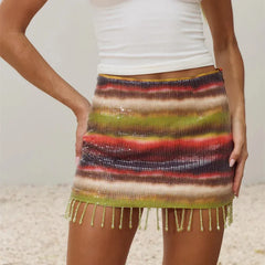 Sequin Tie Dye Fringe Bodycon Mini Skirt