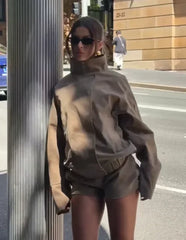 Solid Stand Collar Suede Jacket