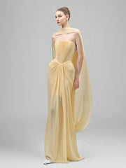 Strapless Folds Design Long Dress With Scarf