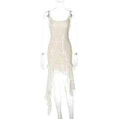 White Sequin Ruffle Hem Midi Dress