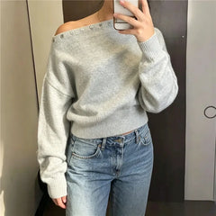 Asymmetric Off Shoulder Button Trim Knit Sweatshirt