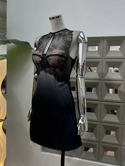Black Lace Patchwok Sleeveless Mini Dress