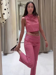 Red Plaid Sleeveless Crop Top And Plaid Pants Set