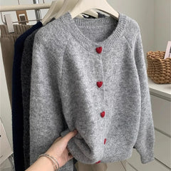 Deep Grey Wool Knitted Heart Buttoned Cardigan