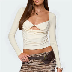 Long Sleeve Pearl Cowl Neck Bralette Top
