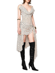 White Strap Dot Printed Irregular Ruffles Midi Dress