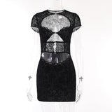 Black Lace Sheer Front Cut Out Design Short Sleeve Mini Dress