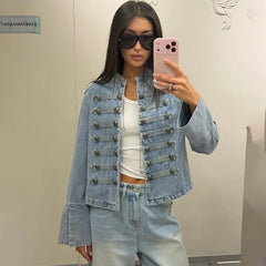 Stand Collar Button Split Short Denim Jacket