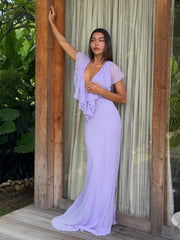 Purple Ruffle Neck Mesh Maxi Dress