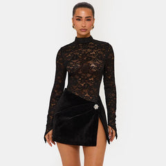 Black Lace See Through Bodysuit And Mini Skirt Slit Matching Set