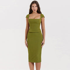 Green Square Neck Top And Bodycon Midi Skirt Two Piece Set - Free From Label