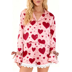 Long Sleeve Heart Print Tops and Elastic Waist Shorts Loungewear Set