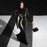 Black Long Sleeve Metallic 3D Body Print Maxi Dress