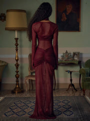 Red Sheer Long Sleeve Drape Maxi Dress