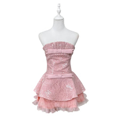 Sequin Bow Tie Tulle Hem A-line Strapless Mini Dress