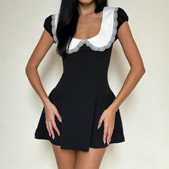 Black Peter Pan Collar Short Sleeve A-line Mini Dress