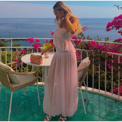 Lace Embroidered Square Neck Sheer Crop Top And Wide Pants Set
