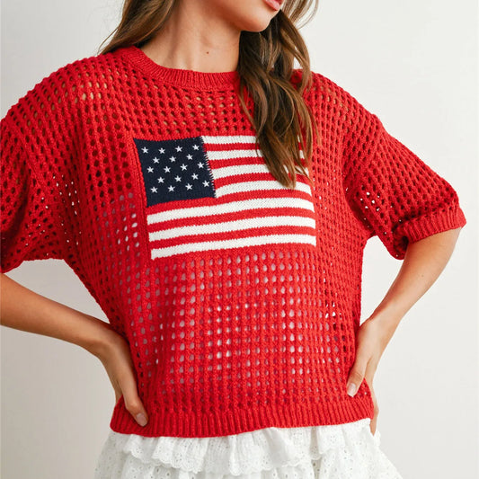 American Flag Print Knit Crochet Top