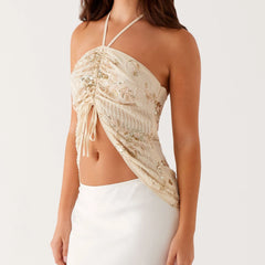 Sequin Embroidery Drawstring Crop Top