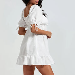 White Puff Sleeve Square Collar Babydoll Mini Dress