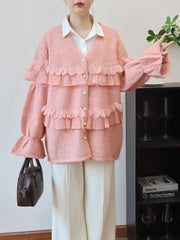 Pearl Button Ruffle Trim Cardigan