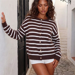 Striped Knit Round Neck Button Down Cardigan