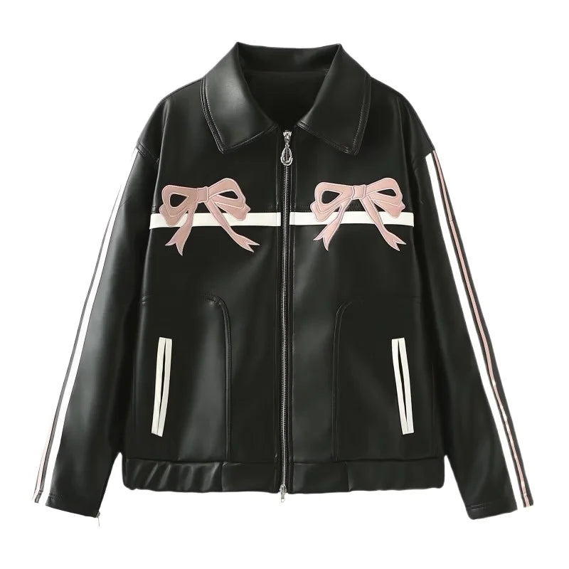 Black Bow Faux Leather Biker Jacket Free From Label