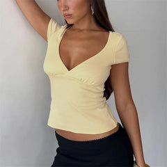 Solid V Neck Short Sleeve Top