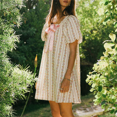 Ribbon Bow Puff Short Sleeve Floral Print Mini Dress