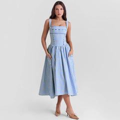 Blue Gingham Strap Midi Dress