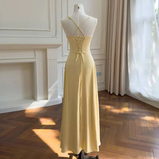 Yellow Crossover Strap Twist Draped A-line Maxi Dress