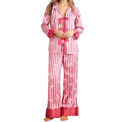 Striped Bow Tie Front Long Sleeve Top and Pants Sleepwear Set