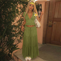 Short Sleeve Mesh Patchwork Crop Top And Maxi Skirt Matching Set