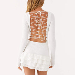 White Tierred Long Sleeve Tie Up Lace Back Mini Dress