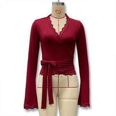 Lace Trim Long Sleeve Wrap Around Top