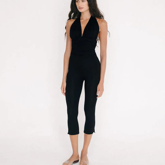 Halter Neck Deep V Neck Ruched Bodycon Capri Length Jumpsuit